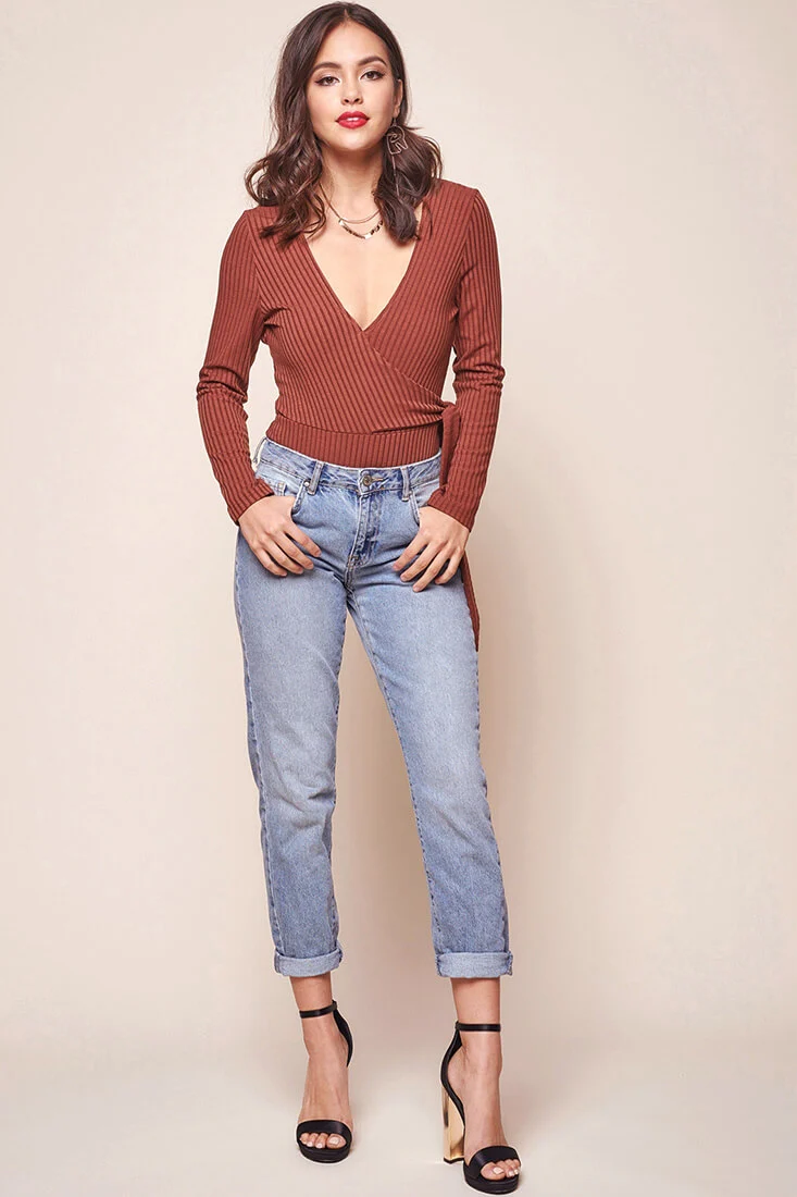 Herieth Long Sleeved Ribbed Bodysuit Chestnut - Sonourner