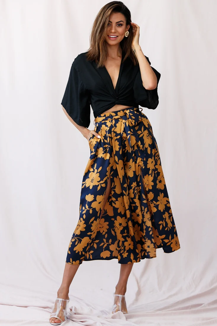 Danika Front Split Midi Culotte Pants Navy/Mustard - Sonourner