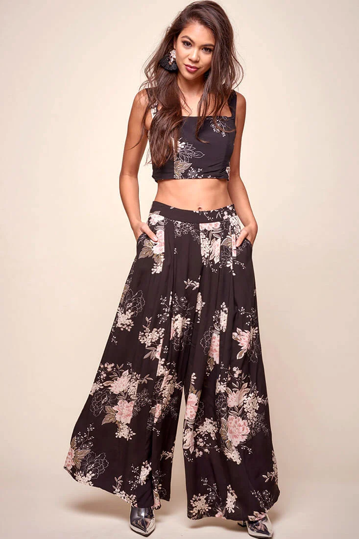 Cicely Floral Wide Leg Pants Black - Sonourner