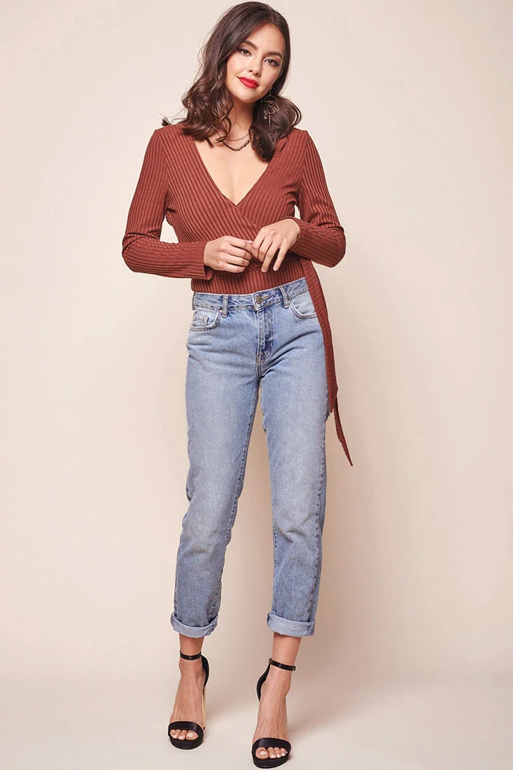 Herieth Long Sleeved Ribbed Bodysuit Chestnut - Sonourner