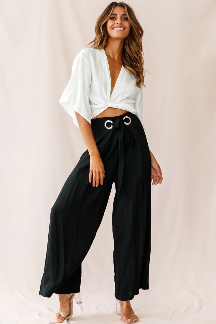 Saigon Wide Leg Eyelet Pants Black - Sonourner
