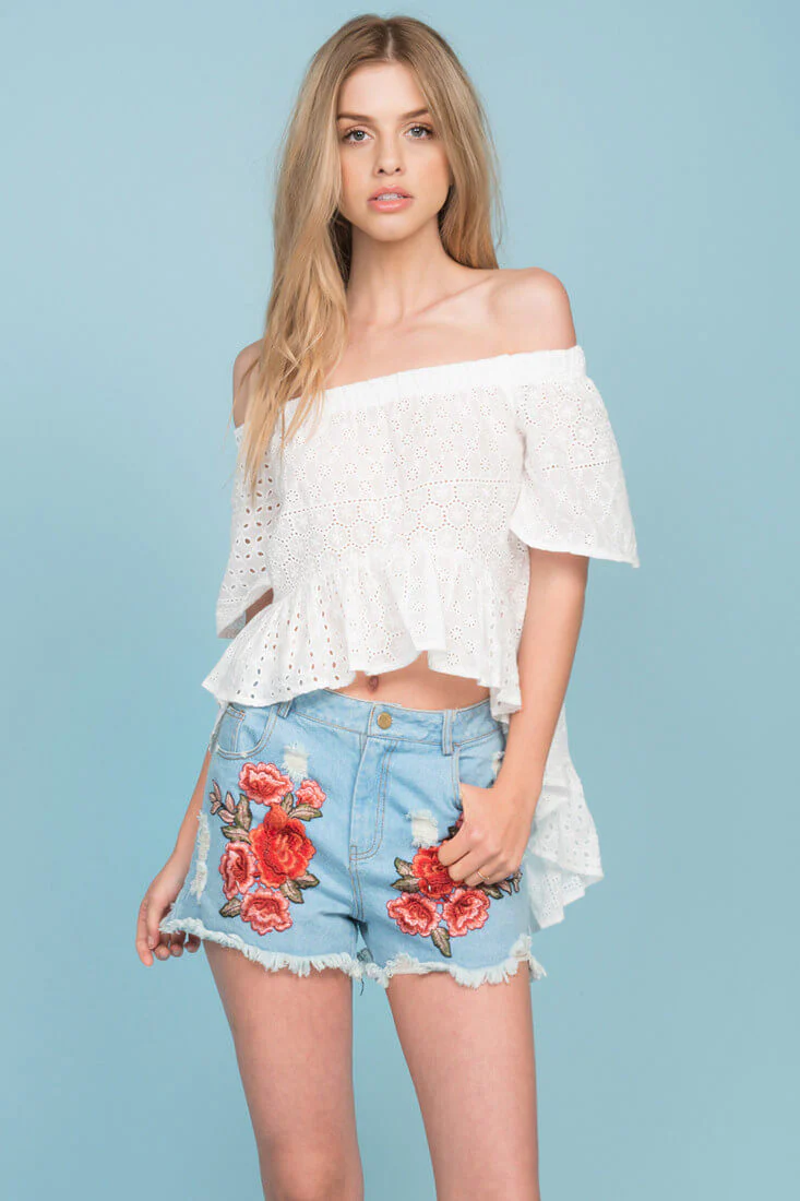 Brenna Fringe Floral Jean Shorts Blue Denim - Sonourner